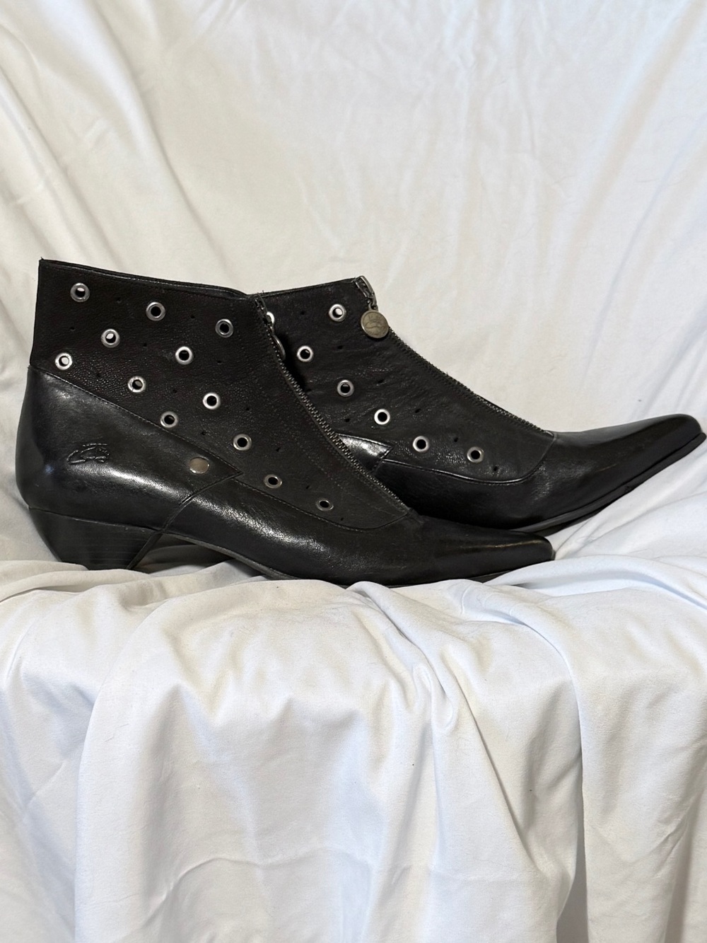 John Fluevog Black Perforated Grommet Front-Zip Ankle Boots - Picture 3 of 6